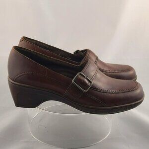 Clarks Brown Leather Heeled Loafer with Buckle